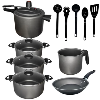 Kit Jogo de Panelas Antiaderente com Panela de Pressão 11 peças e Kit Utensilios Nylon Cor Grafite em Oferta na Shopee
