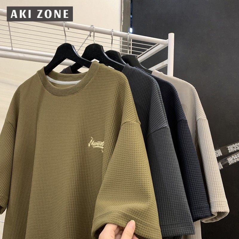 Camiseta Waffle De Verão Americana Retro Manga Curta Moda