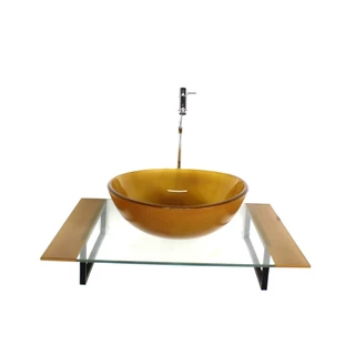 KIT CUBA DE VIDRO REDONDA COM TAMPO 60CM DOURADO REAL E SUPORTE PRETO