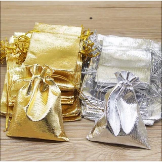 50 peças/Saco 7x9 cm 9x12 11x16 Embalagem de jóias de prata/ouro ajustável com corda, saco de presente de casamento e saco