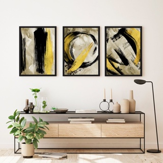 Kit 3 Quadros Decorativos com Moldura de Madeira Abstrato Preto Amarelo 60x40 cm cada para Decoração de Sala, Quarto e outros Ambientes