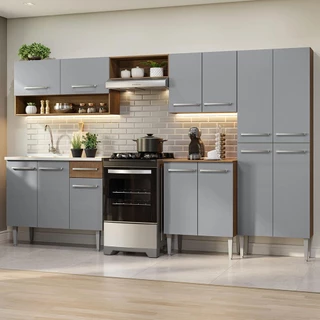 Armário de Cozinha Completa 293cm com Pia Rustic/Cinza Emilly Madesa 09 em Oferta na Shopee