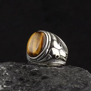Bull Skull Black Agate Tiger Eye Stone Sapphire Prata Vintage Titânio Aço Homens Punk Fashion Jewelry Cool Rock Finger Rings