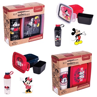 Kit Marmitinha Mickey Minnie Pote Hermético Com 2 Divisórias + Garrafa Grande - Plasútil