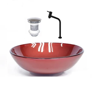 CUBA DE VIDRO REDONDA 31CM VERMELHO CEREJA + VALVULA + TORNEIRA PRETA