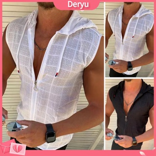 [deryu] Colete De Costura Com Zíper E Em Chapa Malha Cor Sólida Drawstring Men Bodybuilding Hooded Vest Top Streetwear