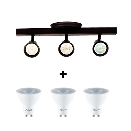 Trilho 3 Spots Dicroica com Canopla Tampa Cega + 3 Lâmpadas GU10 6500k Avant