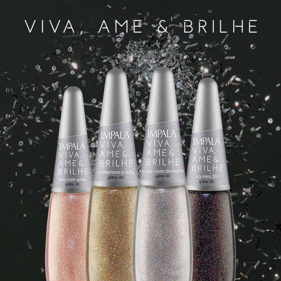 Esmalte Impala Coleção Viva Ame e Brilhe Glitter 3d