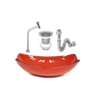 CUBA DE VIDRO OVAL CHANFRADA 46CM VERMELHO FERRARI + VALVULA + TORNEIRA + SIFAO