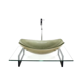 KIT CUBA DE VIDRO OVAL CHANFRADA CHAMPANHE COM TAMPO 60CM INCOLOR E SUPORTE PRETO