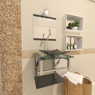 GABINETE DE VIDRO PARA BANHEIRO 40CM INOX GRAFITE COM TORNEIRA