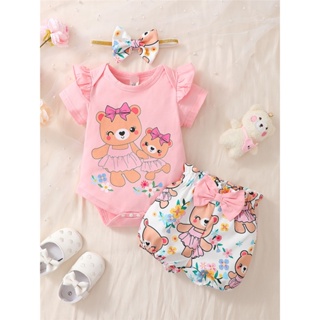 0-2 Anos Conjunto De Roupas Diárias Para Bebês Recém-Nascidos Cartton Bear Print Manga Curta Romper + Shorts Com Fita De Cabeça Roupa De Verão Lovely 3PCS