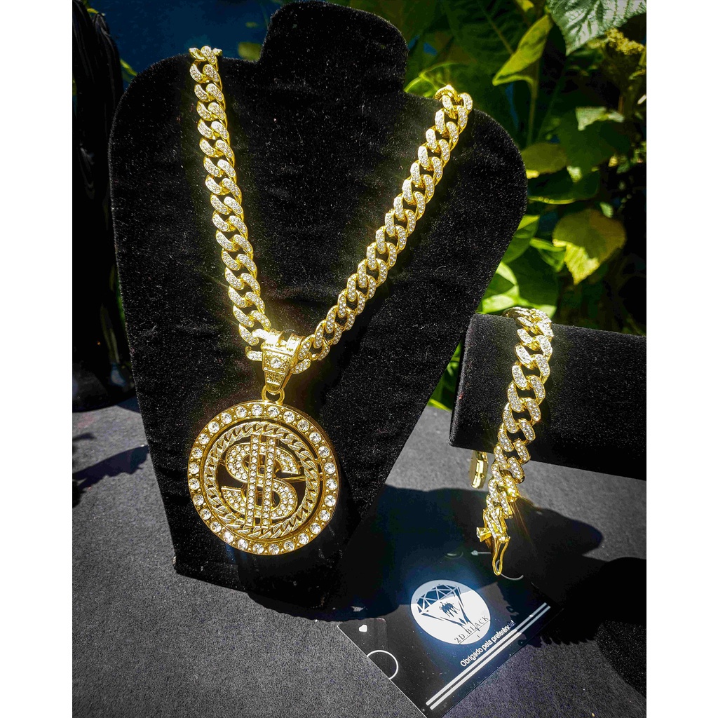 kit Cordao cravejado pingente cifrao + puseira ice