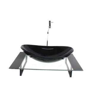 KIT CUBA DE VIDRO OVAL COM TAMPO 60CM PRETO E SUPORTE PRETO