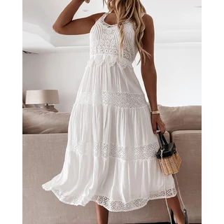 Vestido Midi Feminino sem mangas V Pescoço Branco Renda Bonito Verão Elegante Casual Boho Praia de férias