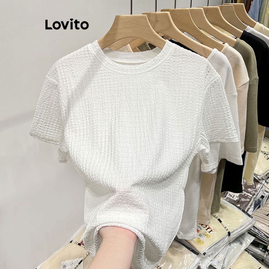 Lovito Casual Camiseta Feminina Lisa Jacquard Lne Branca