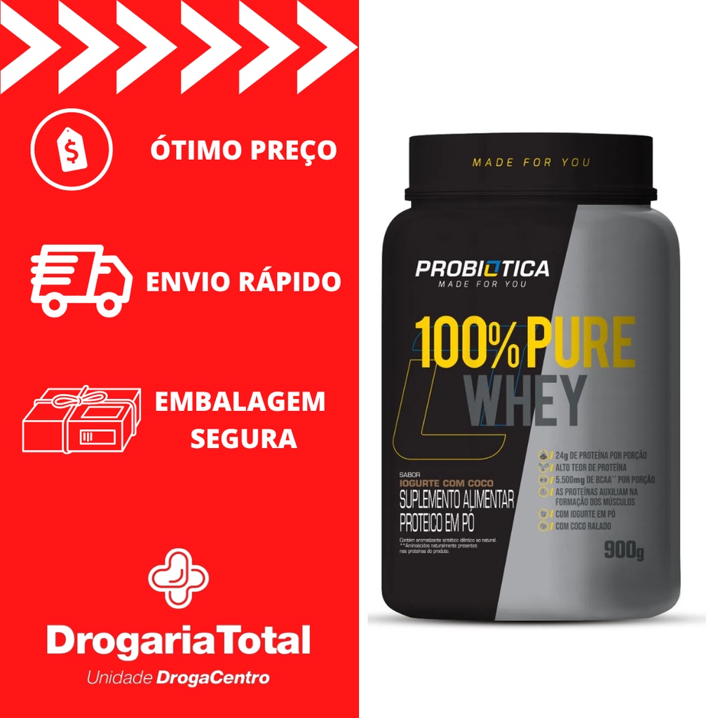 Whey 100% Pure Whey Probiótica Pote 900g Sabor Iogurte com Coco Suplemento Alimentar