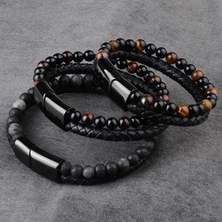 Braceletes De Couro Trançado De Pedra Natural Pulseiras Preto Aço Inoxidável Fecho Magnético Olho De Tigre Contas Bangle Men Jewelry