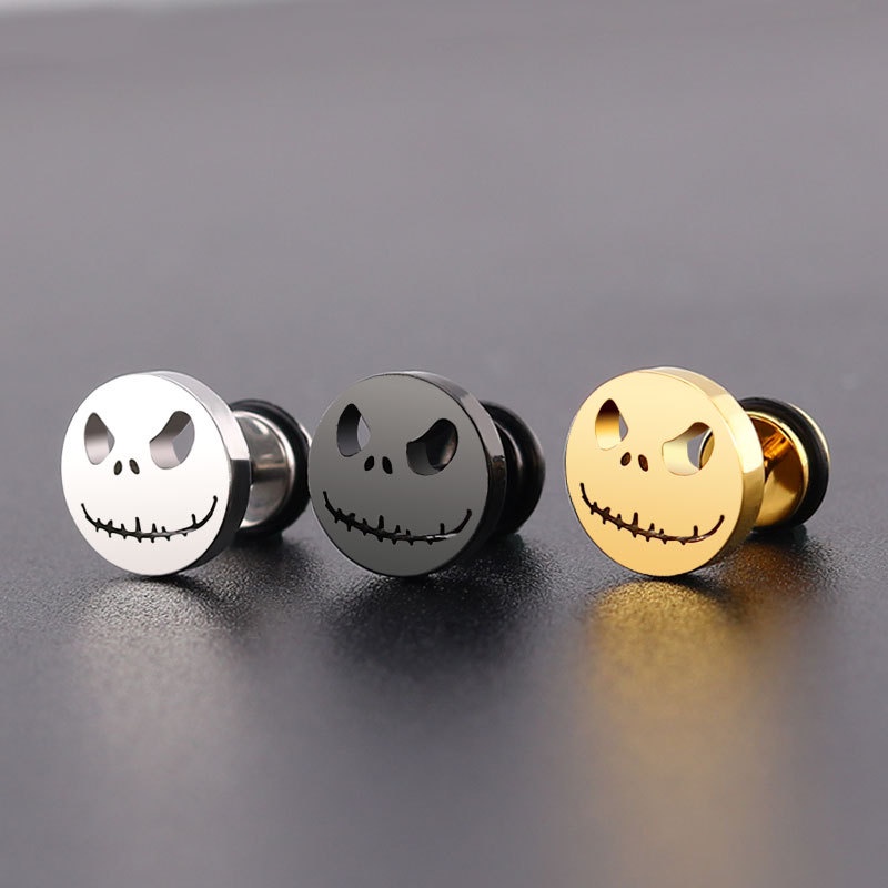 Brincos De Moda Titanium Round Stud Para Homens Abóbora Sorridente Cabeça Jóias De Halloween