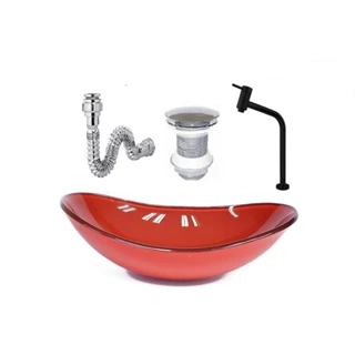 CUBA DE VIDRO OVAL 47CM VERMELHO FERRARI + VALVULA + TORNEIRA PRETA + SIFAO