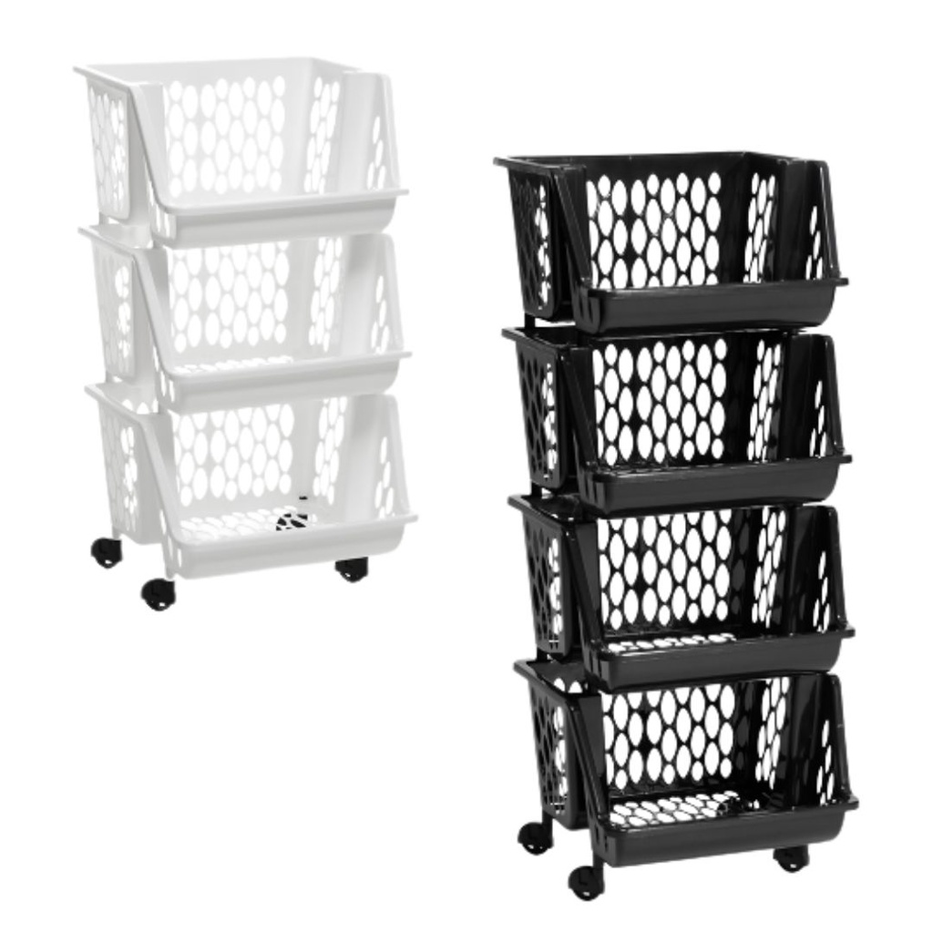Organizador Multiuso de Plástico 3 e 4 andares Empilhável com Rodinhas Branco Preto - Giotto