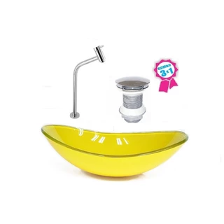 CUBA DE VIDRO OVAL 55CM AMARELA VALVULA CLICK TORNEIRA METAL