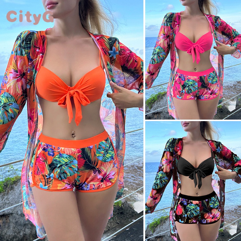 biquíni com short cintura alta feminino saida de praia kit 3 peças sunquini  biquínis camisa kimono de praia bermuda praia feminina