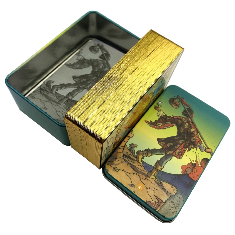 Tarot Tin Box com borda dourada para festa em família, 78 cartões