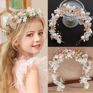 INS Fashion Hair Hoop/Girls Elegant Pearl Flower Headdress/Handmade Crystal Jewelrys Com Fita/Cabeleireiro De Noiva Sem Deslizamento Coroa/Kids Acessórios De Para Festas