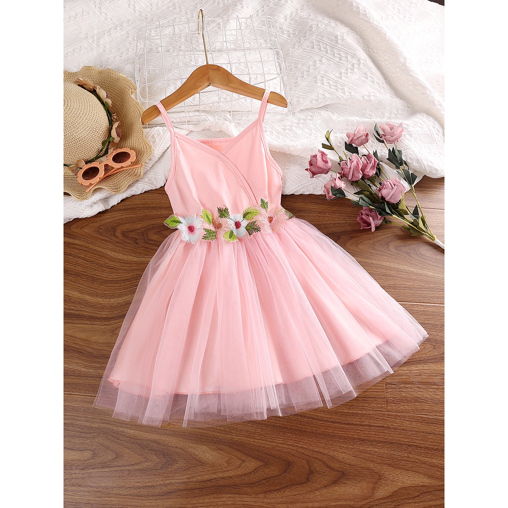 Vestido De Bebê Menina Crianças 4-7 Anos Moda Verão Sem Mangas Floral Tule  Rosa Fofo Infantil Vestidos De Suspender Princesa