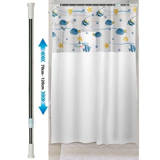 Kit Varão + Cortina Box Banheiro - Varao Extensivel 70 ate 120cm Metal e Cortina de Box Vinil Peixes com Visor - PANAMI