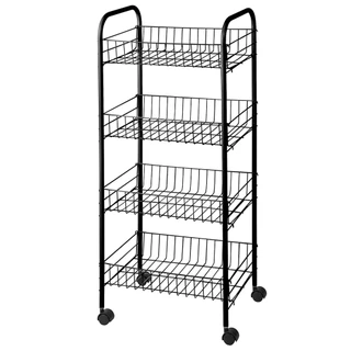Fruteira De Chão 4 Andares Ferro Cozinha Vertical Com Rodinha Preta Metal Aço Grande Carrinho Organizador