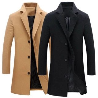 Casaco Longo De Lapela De Lã Masculino Da Moda De Primavera De Outono De Cor Sólida