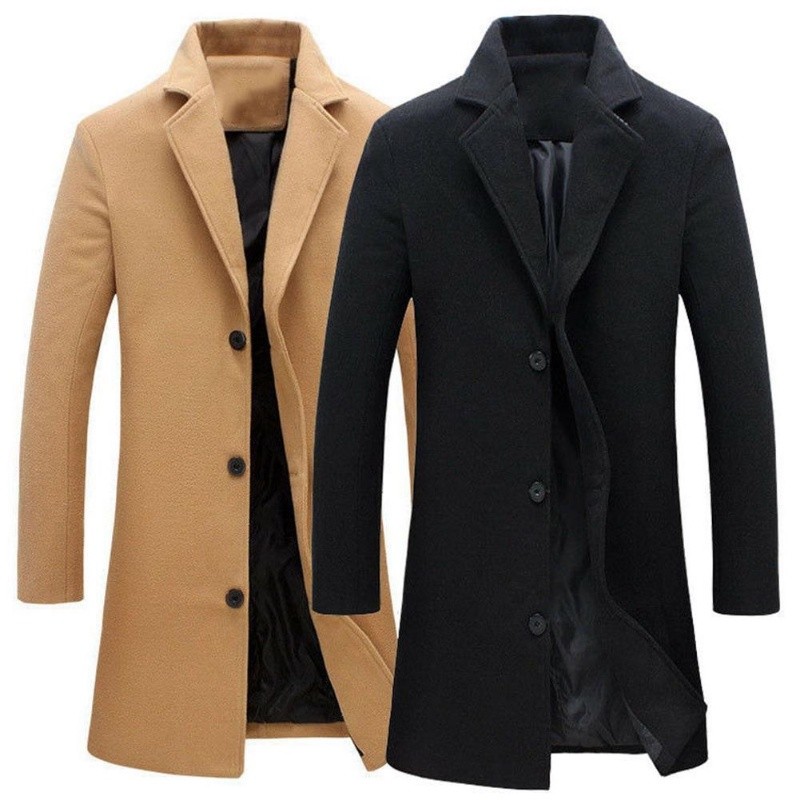 Casaco Longo De Lapela De Lã Masculino Da Moda De Primavera De Outono De Cor Sólida