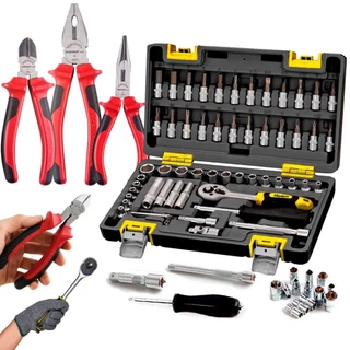 Kit Jogo Chave Catraca Reversível Soquetes Bits Aço Crv 57 Peças + Jogo De Alicates 3 Pçs Gedore Red em Oferta na Shopee