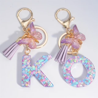 Lantejoulas Da Moda Coração Cheias De Letra Chaveiro Butterfly Tassel Púrpura A-Z Alfabeto Pingente Inicial Com Anéis Chave Para Meninas Femininas em Oferta na Shopee