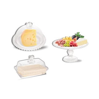 Kit 3 Peças Para Café Da Manhã Coração Vidro Cristal Porta Queijo Queijeira Com Tampa Redondo + Manteigueira Porta Manteiga + Boleira Com Pé Prato Para Bolo Sobremesas Doces Pudim Tortas Pequeno