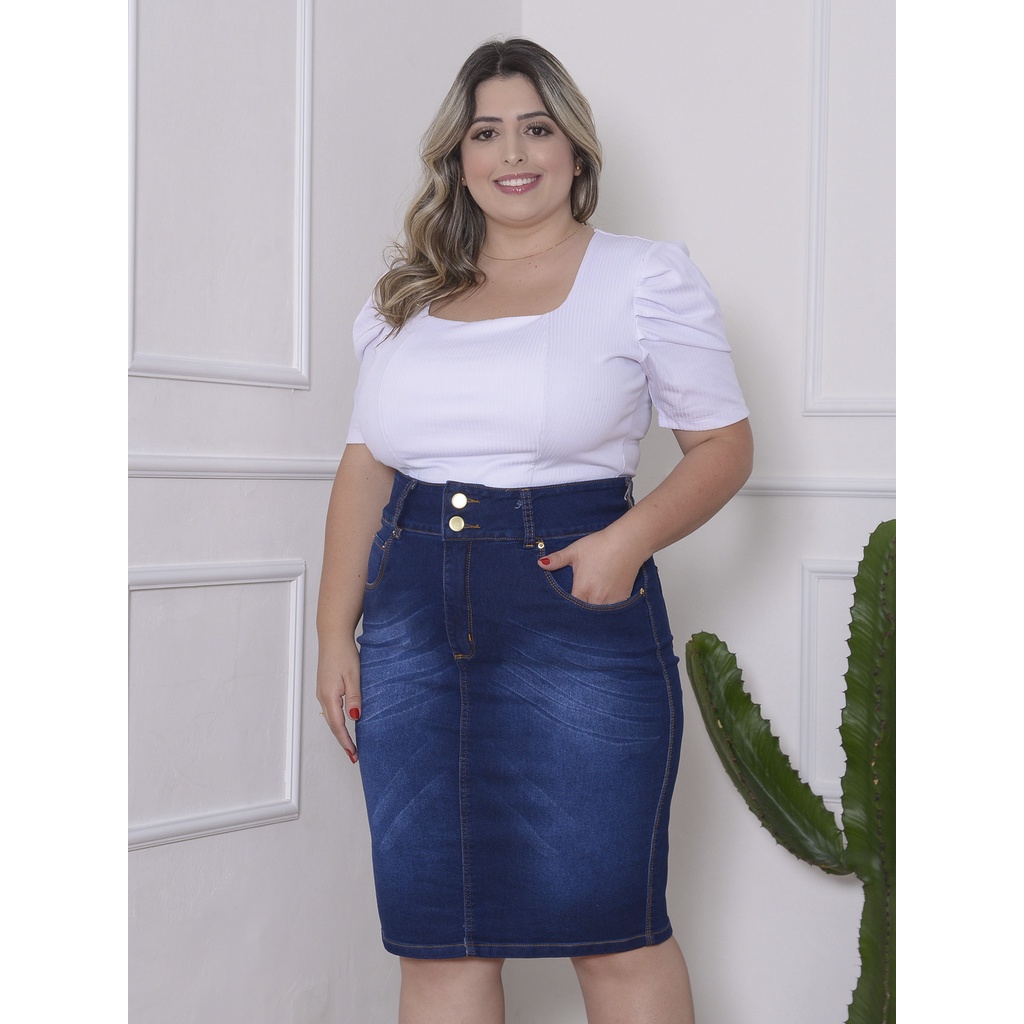 Saia Jeans Simples com Detalhe de Risco com Barra Desfiada Moda