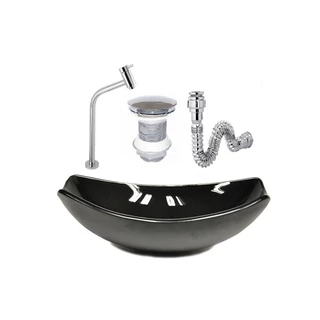 CUBA DE VIDRO OVAL CHANFRADA 46CM PRETA + VALVULA + TORNEIRA + SIFAO