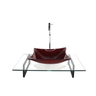 KIT CUBA DE VIDRO QUADRADA VERMELHO CEREJA COM TAMPO 60CM INCOLOR E SUPORTE PRETO