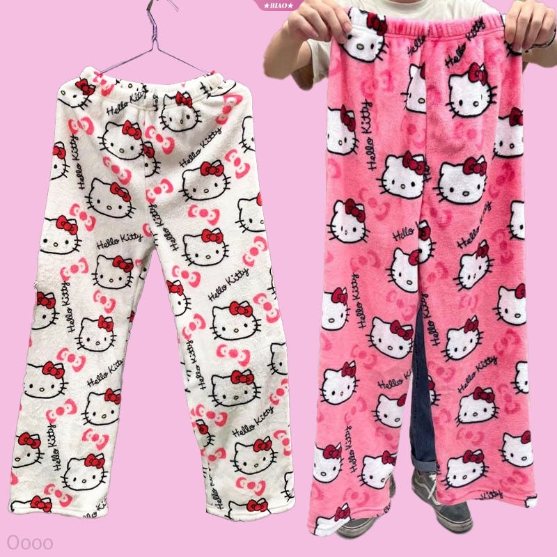 Hello Kitty Pajama Pants Kawaii Kt Cat Women Warm Casual Outono Inverno Calças De Pelúcia Macia Coral Velvet Britches
