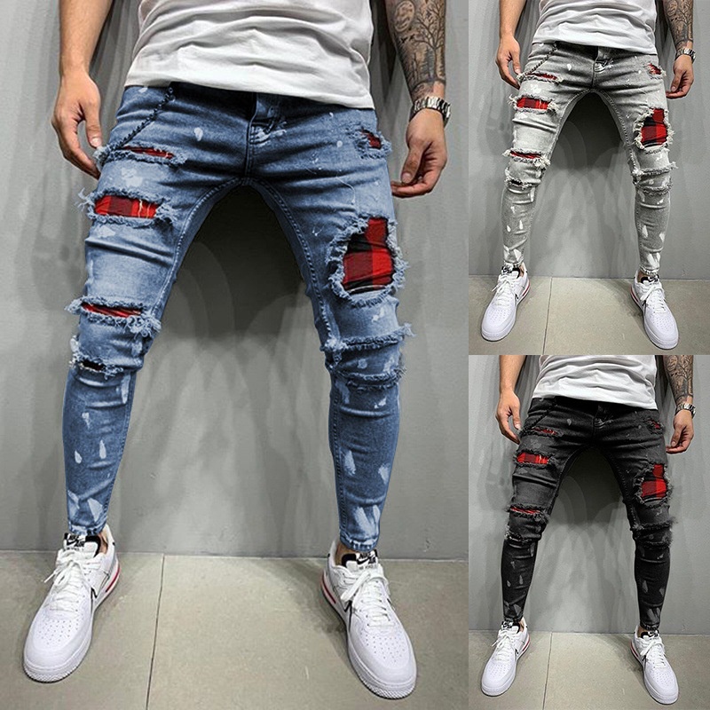 Calças De Ganga skinny jeans Masculinas Rasgadas De Rua Moda retro Lavada Cor Sólida casual slim fit