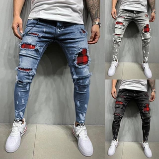 Calças De Ganga skinny jeans Masculinas Rasgadas De Rua Moda retro Lavada Cor Sólida casual slim fit