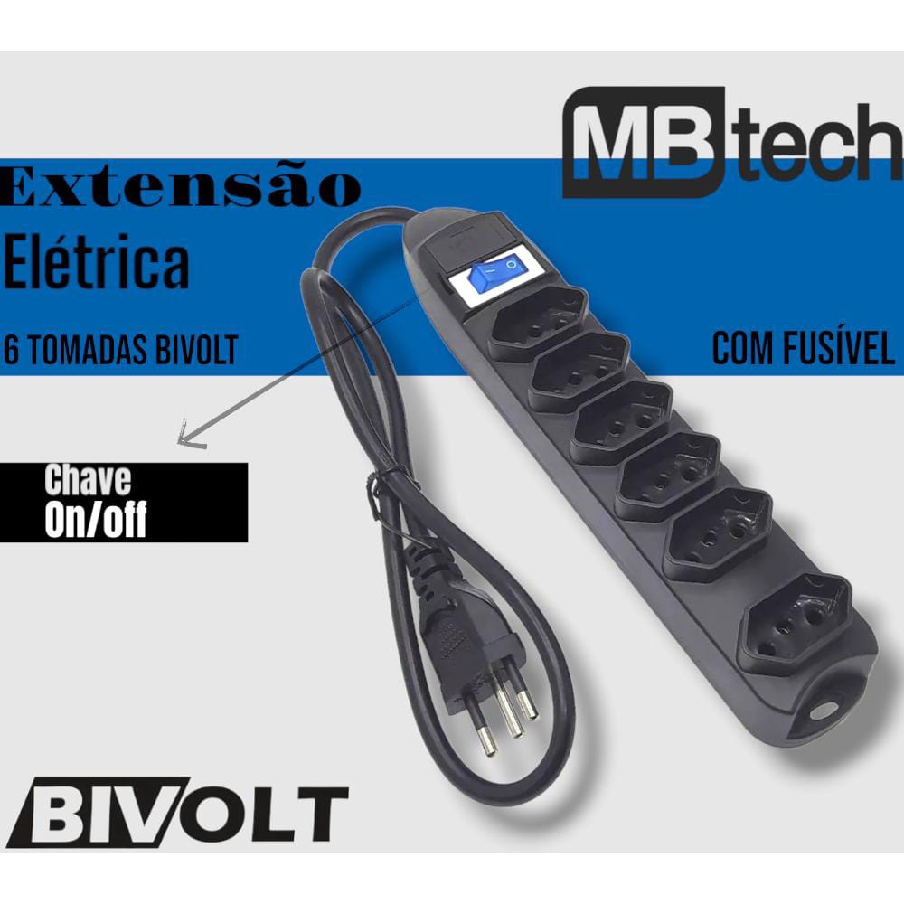 Filtro de linha Com Fusível Mbtech SL7606-0.8M Extensão 6 Tomadas Cabo ...