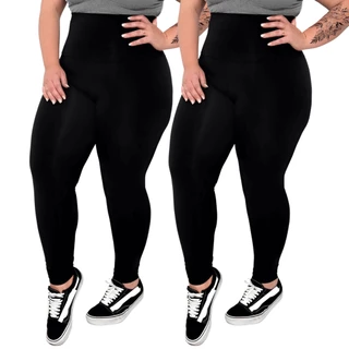 Kit 2 Calças Legging Feminina Plus Size Suplex Básica Cintura Alta Costura Reforçada de Alta Qualidade Academia Fitness Direto de Fábrica GG G1 G2 G3
