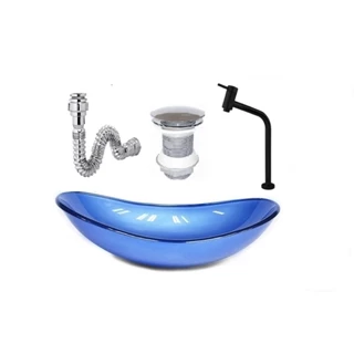 CUBA DE VIDRO OVAL 47CM AZUL ESCURO + VALVULA + TORNEIRA PRETA + SIFAO