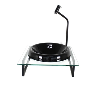 GABINETE COM CUBA DE VIDRO CHAPEU 10MM PRETA COM TAMPO 40CM INCOLOR MAIS TORNEIRA METAL PRETA
