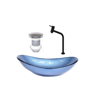 CUBA DE VIDRO OVAL 55CM AZUL VALVULA TORNEIRA PRETA