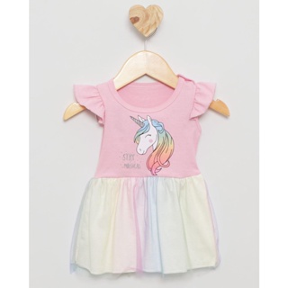 Vestido Bebê Tule Estampa Unicórnio Rosa