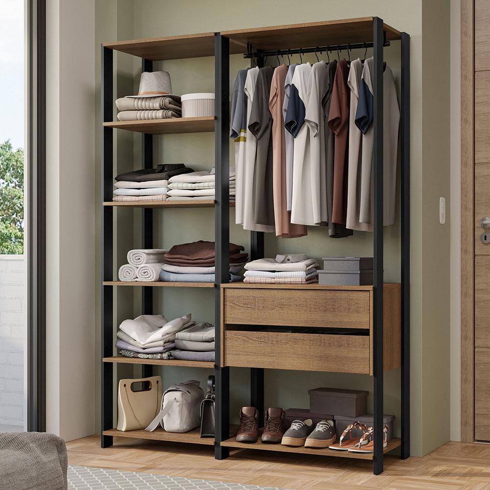 GuardaRoupa Closet Modulado Valencia 2 Gavetas 129cm Rustic/Preto